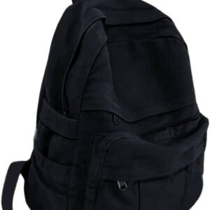 Black Canvas Backpack for Women & Men Retro Aesthetic Rucksack Basic Backpack for High School/College Students Travel Laptop Bag