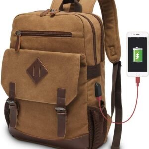 Canvas Backpack for Men Women, Vintage Rucksack Fits Most 15.6 Inch Laptop, Bookbag with  Charging Port, Brown