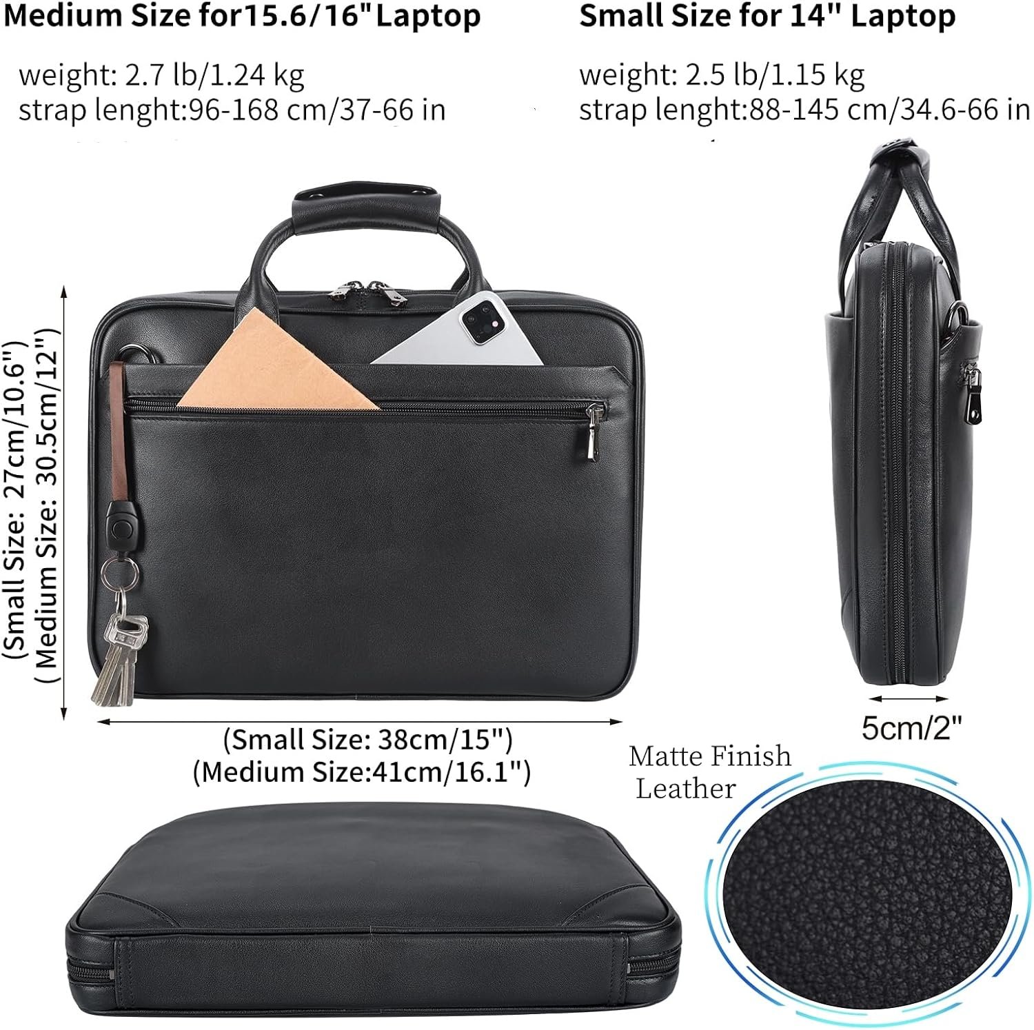 Leather Slim Briefcase for Men 15.6" Laptop Crossbody Messenger Bag Business Work Lawyer Attache Case - Image 2