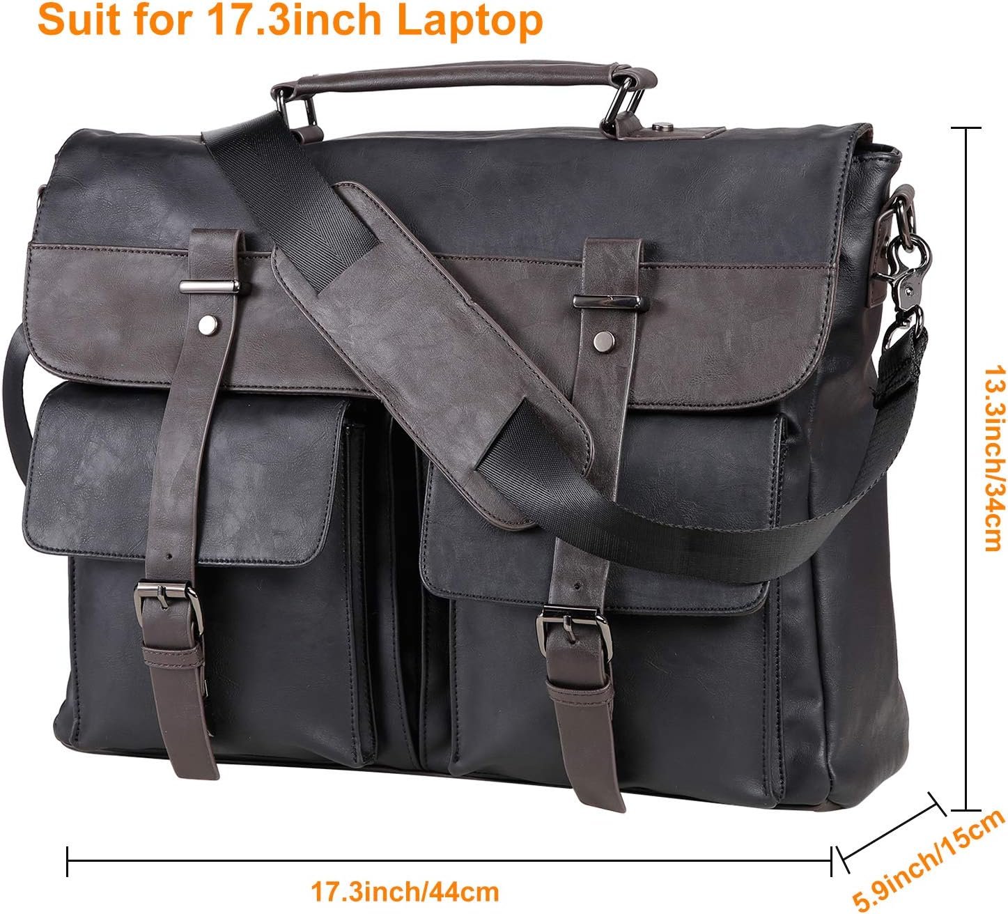 Men's Vintage Black 17.3 Inch Water Resistant PU Leather Laptop Bag, Messenger Bag, Satchel, Briefcase - Image 2