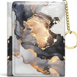 Small Slim RFID Leather Clutch Wallet - 7 Card Slots, ID Window, Keychain - Black Gray Gold Marble