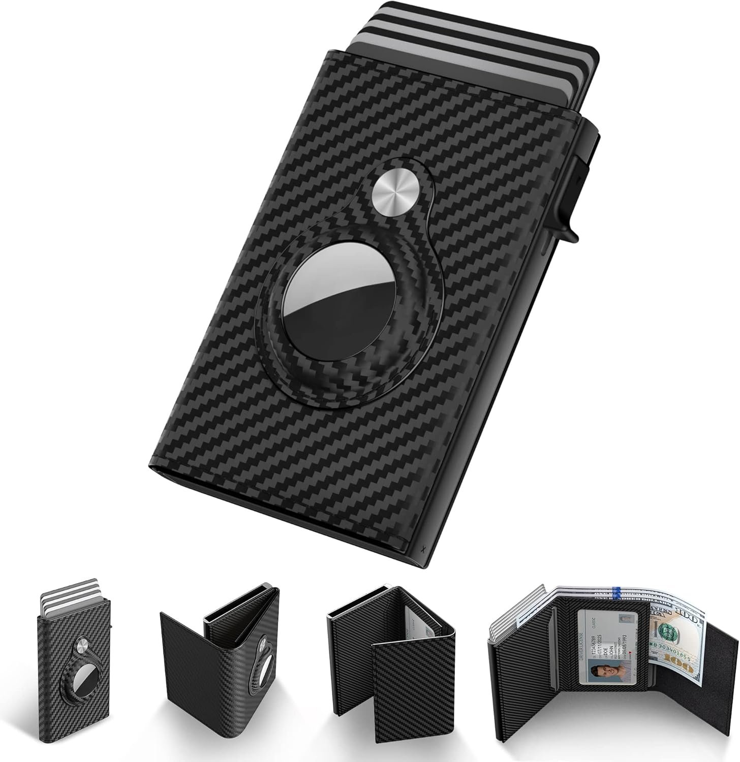 Wallet for Men: Compatible with (1st & 2nd Generation), RFID Blocking, Genuine Leather, Slim & Minimalist Design - 14 Card Capacity | ID Window | Cash Slot (Carbon Fiber)