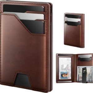 Leather Wallet for Men Card Holder: Premium Genuine Leather, RFID Blocking, Slim, Minimalist, Front Pocket - 15 Cards Capacity | ID Window | Money Clip (Brown)