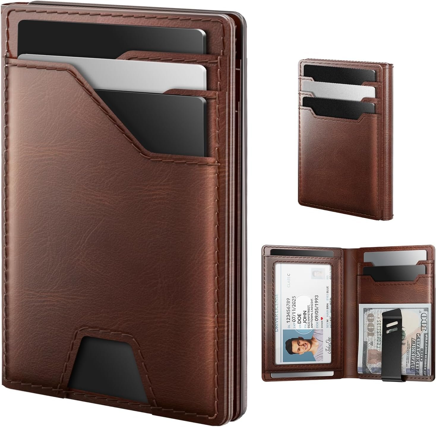 Leather Wallet for Men Card Holder: Premium Genuine Leather, RFID Blocking, Slim, Minimalist, Front Pocket - 15 Cards Capacity | ID Window | Money Clip (Brown)