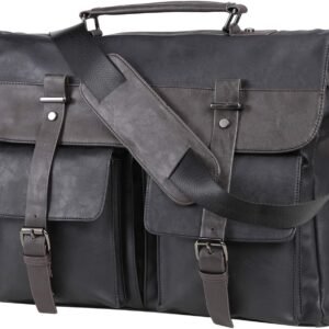 Men's Vintage Black 17.3 Inch Water Resistant PU Leather Laptop Bag, Messenger Bag, Satchel, Briefcase