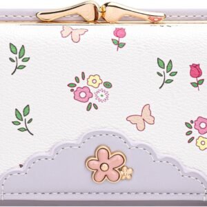 Small Wallets for Women with  Blocking Womens Floral Cute PU Leather Trifold Wallet with ID Window Coin Purse (Floral Lavender)
