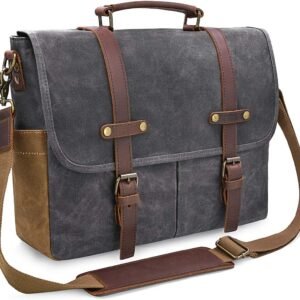 Mens Messenger Bag 15.6 Inch Waterproof Vintage Genuine Leather Waxed Canvas Briefcase Large Satchel Shoulder Bag Rugged Leather Computer Laptop Bag, Grey