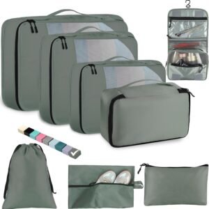 8-Piece Packing Cubes for Travel, Mesh Luggage Organizers with Shoe Bag, Toiletry Bag, Laundry Pouches, 4 Sizes (XL/L/M/S) for Suitcase Organization, Men Women Kids, Avocado Green