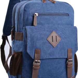 Canvas Vintage Laptop Backpack for Women Men，College Bookbag Fits 15.6 Inch Laptop (Blue)