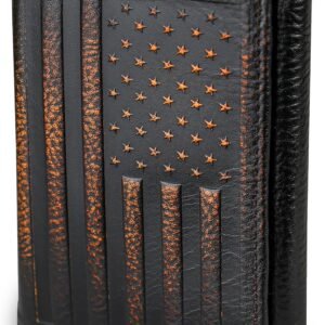 USA Flag Trifold Wallets for Men American Flag Wallet Full Grain Leather with Hand Burnished Tri-Fold Wallet RFID Blocking