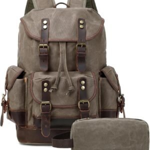 Vintage Leather Canvas Backpack, Waxed Canvas Shoulder Rucksack for Travel Laptop Bag for Business Travel Backpack With Toiletry Bag(Army Green)
