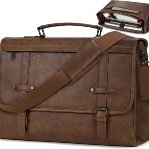 Mens Messenger Bag 17 Inch Waterproof Vintage Leather Laptop Briefcase Large Computer Laptop Bag Satchel Bag Retro Shoulder Bag,Brown