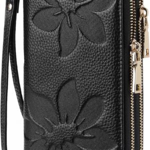 Women's Wallet Large Capacity Double Zip Around Credit Card Holder Leather Ladies Wallet with RFID Blocking Phone Wristlet Purse Black