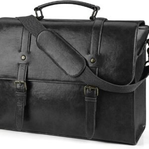 Leather Mens Messenger Bag Vintage 15.6 Inch Waterproof Leather Laptop Briefcase Large Satchel Shoulder Bag Retro Office College Computer Laptop Bag, Black