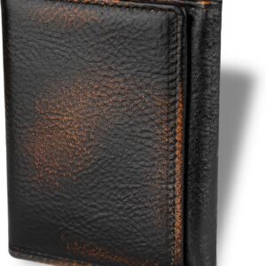 Trifold Wallets for Men Full Grain Leather with Hand Burnished Tri-Fold Wallet RFID Blocking (Black and Brown)